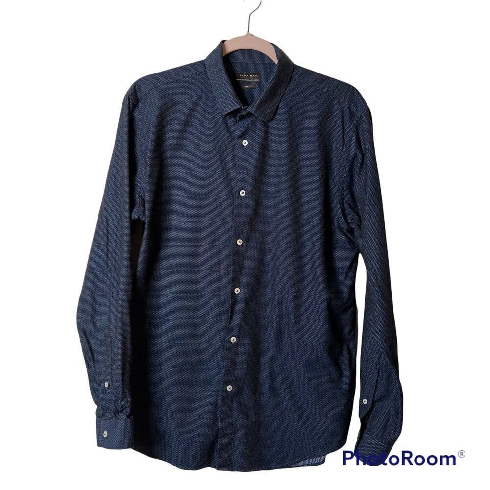 Zara Men's Button Up Shirt Size Large Blue with tiny white dots
